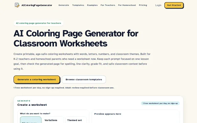 AI Coloring Page Generator – printable worksheets from prompts