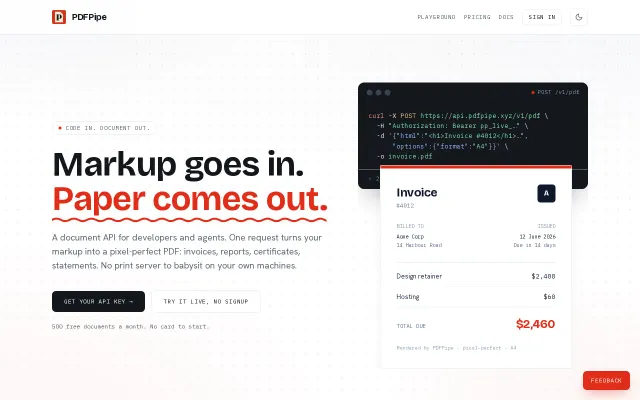 PDFPipe – HTML-to-PDF API with a playground you can try without sign up