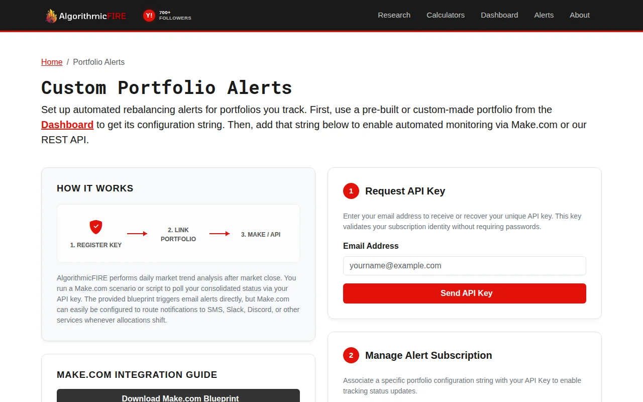 Drawdown-protected custom FIRE portfolios with API for rebalance alerts