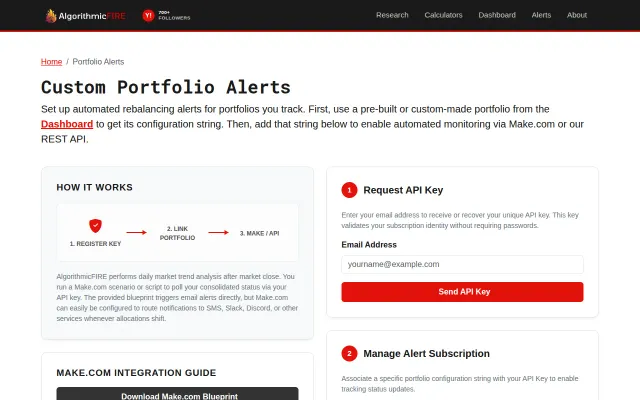 Drawdown-protected custom FIRE portfolios with API for rebalance alerts