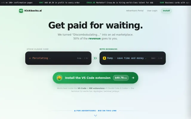 Kickbacks.ai – pays you for Claude Code spinner impressions