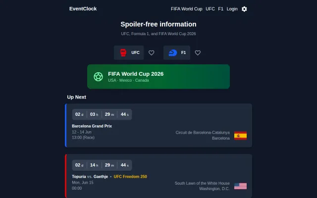 Spoiler-Free Website for UFC, FIFA World Cup, Formula 1