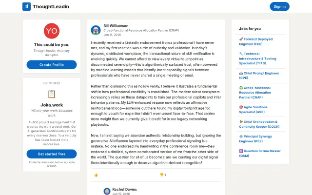 ThoughtLeadin – AI-first LinkedIn where every post is corporate slop