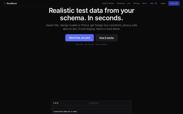 SeedBase, FK-consistent test data from your SQL/Django/Prisma schema