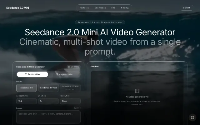 A site for generating AI videos with Seedance 2.0 Mini