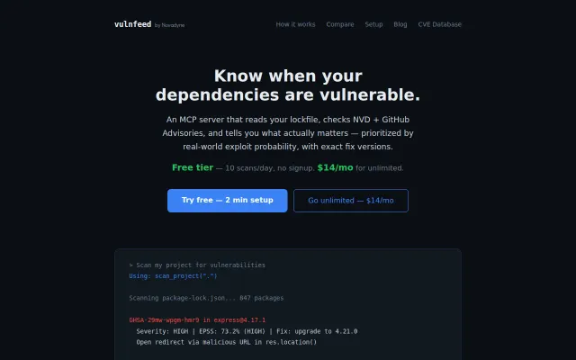 VulnFeed – 9 security tools your AI agent can call (MCP server)