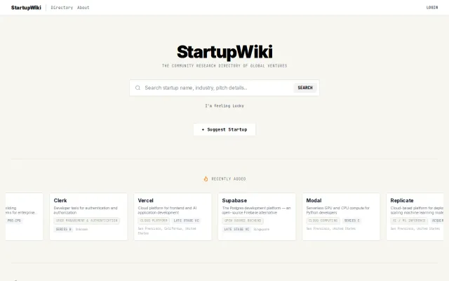 Startup research website, crunchabse and Product Hunt and grokipedia