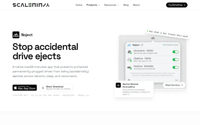 Noject – menubar app to stop drive ejections on macOS