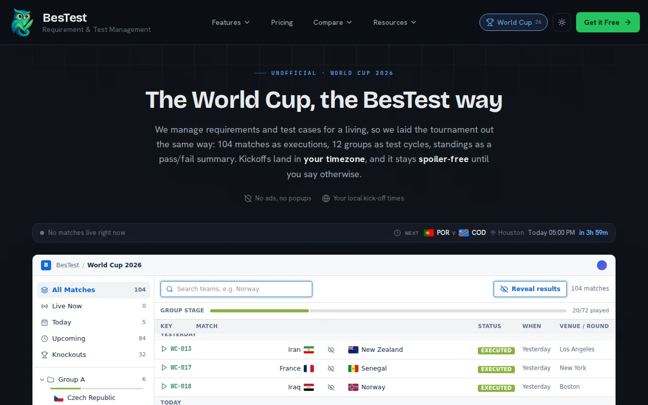 I made a spoiler-free World Cup tracker with a Test Management skin