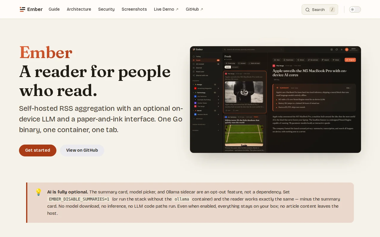 Ember – self-hosted RSS reader in a single Go binary, AI is optional