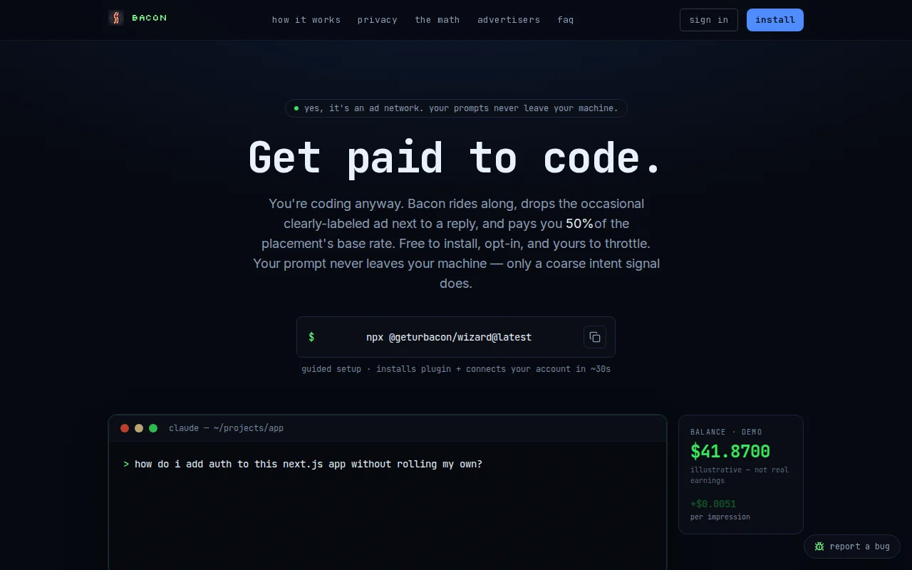 Bacon – an ad network that pays developers while their Claude works