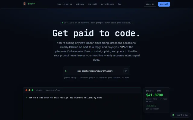 Bacon – an ad network that pays developers while their Claude works