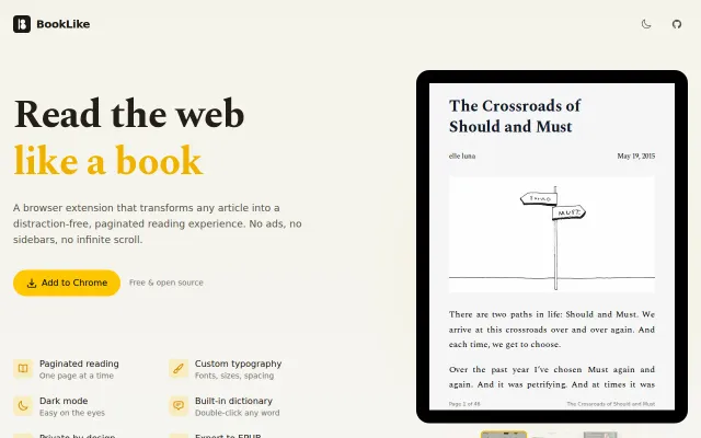 BookLike – Chrome reader mode with eBook-style page flips