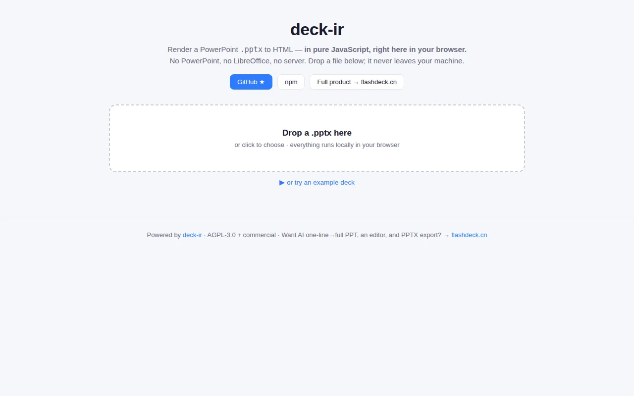 Deck-IR – render .pptx to HTML in pure JavaScript, no LibreOffice