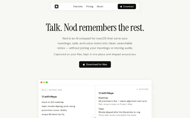 Nod – Mac meeting notes that don't join the call or store audio