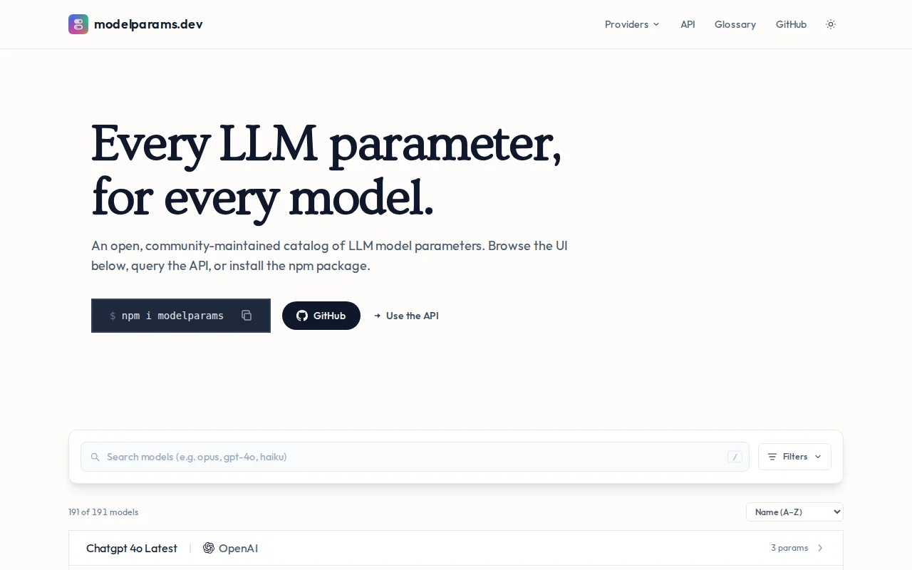 Modelparams.dev: AI Model Parameters Database (UI, API, NPM)