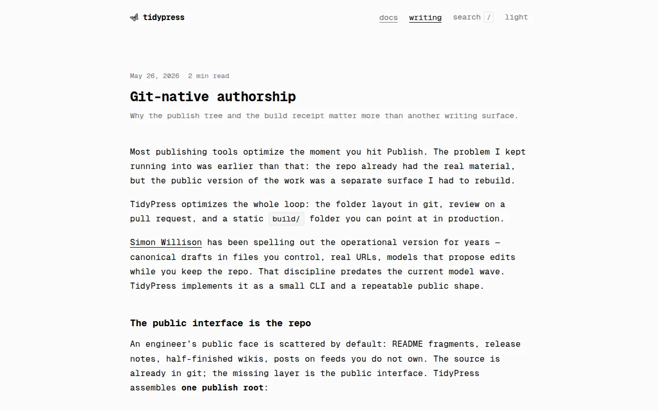 TidyPress – a public interface for your repos and work