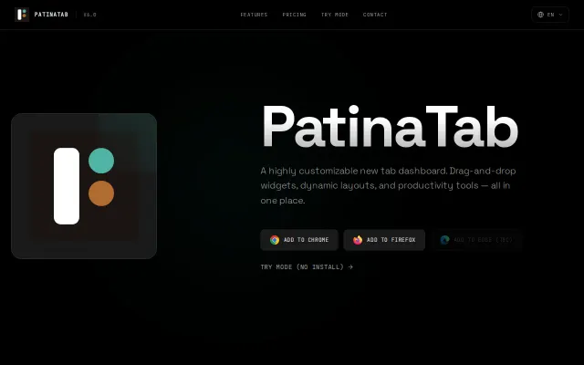 PatinaTab – Dark mode widget dashboard extension for Chrome/Firefox