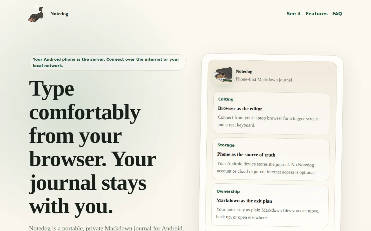 Notedog – Git-friendly portable Markdown journal, edit from a laptop