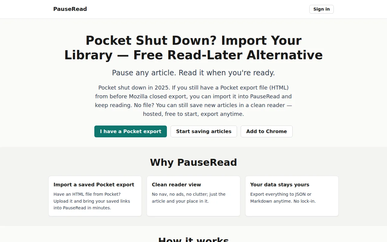 PauseRead – hosted read-later with Pocket HTML import