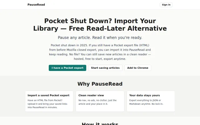PauseRead – hosted read-later with Pocket HTML import