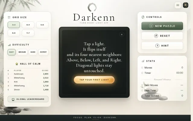 Darkenn – Lights Out style puzzle game with global leaderboard