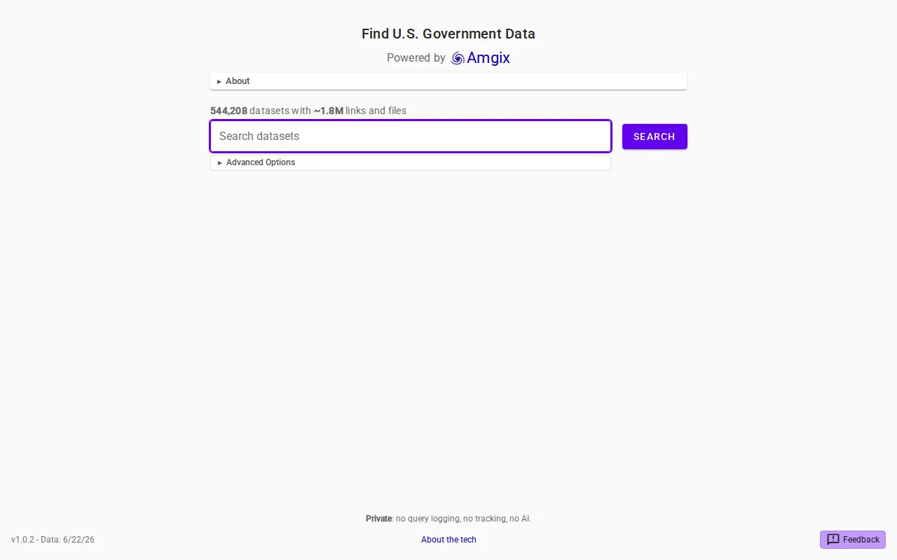 Hybrid search of 540K+ US Government datasets on 2 CPU cores. No LLMs