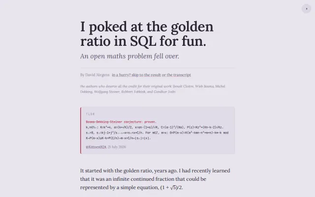 I poked at the golden ratio in SQL and solved an open math problem