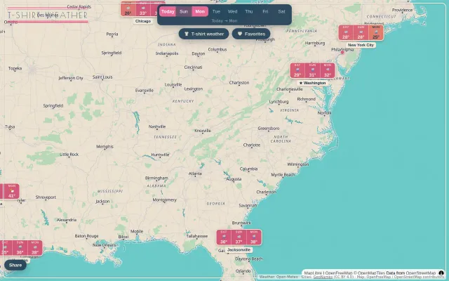 T-Shirt Weather. See the multi-day forecast for any city on a world map